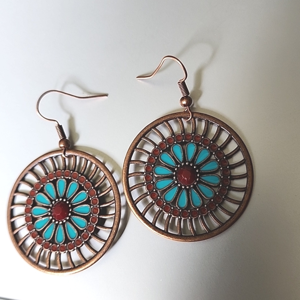COPPER BOHO GEMSTONE DISC COLORFUL EARRINGS